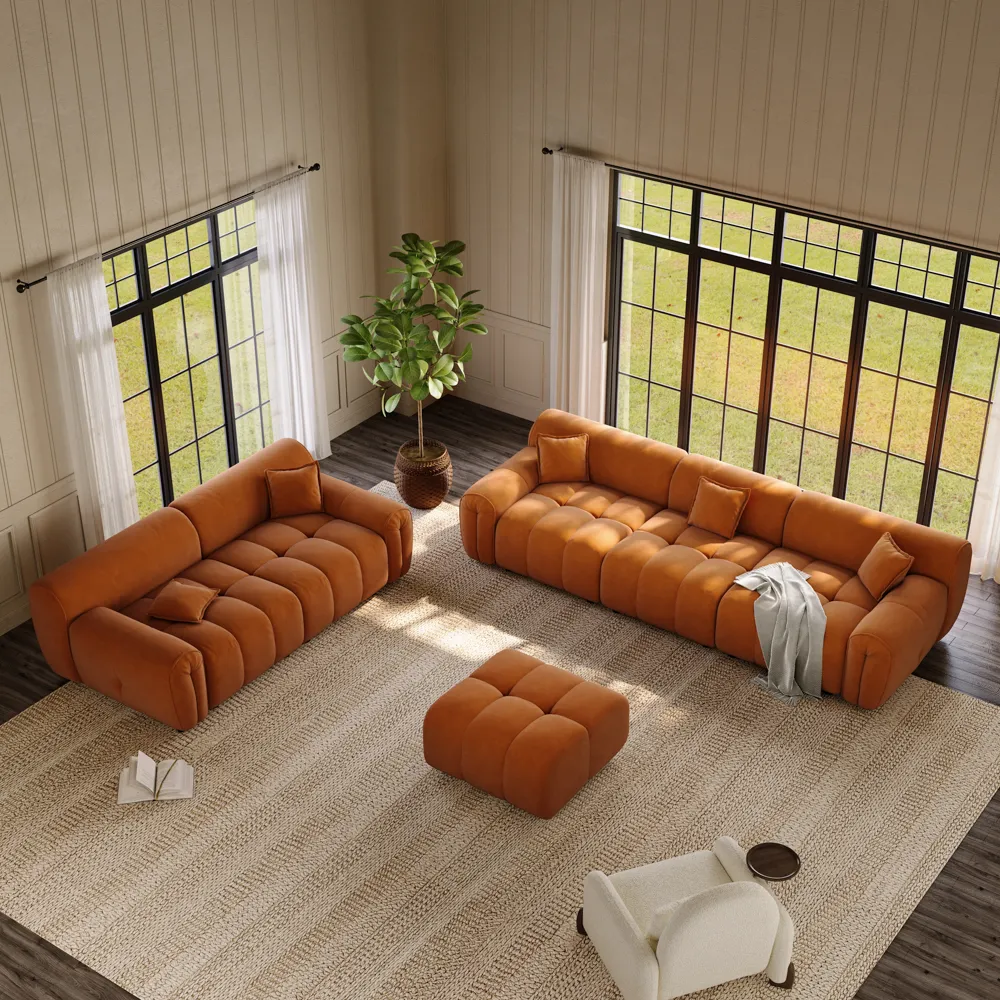 Orange Velvet Tufted Sofa Mid Century with Deep Depth Seats has a soft texture and rich sheen.