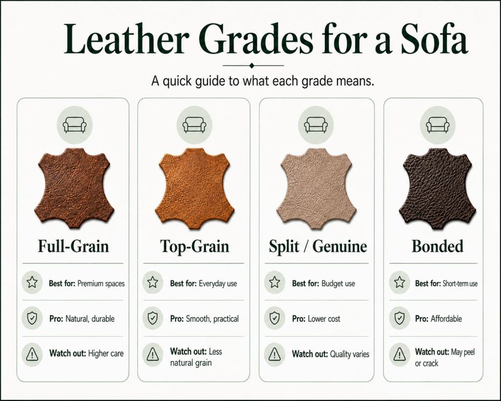 different leather grades for a sofa: full-grain, top-grain, genuine and bonded, following are the best for, pro and watch out
