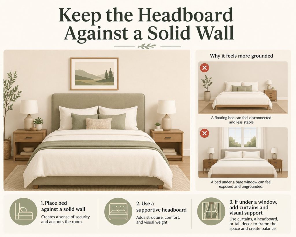 the way to decorate your bedroom for feng shui: keep the headboard of your bed against a solid wall