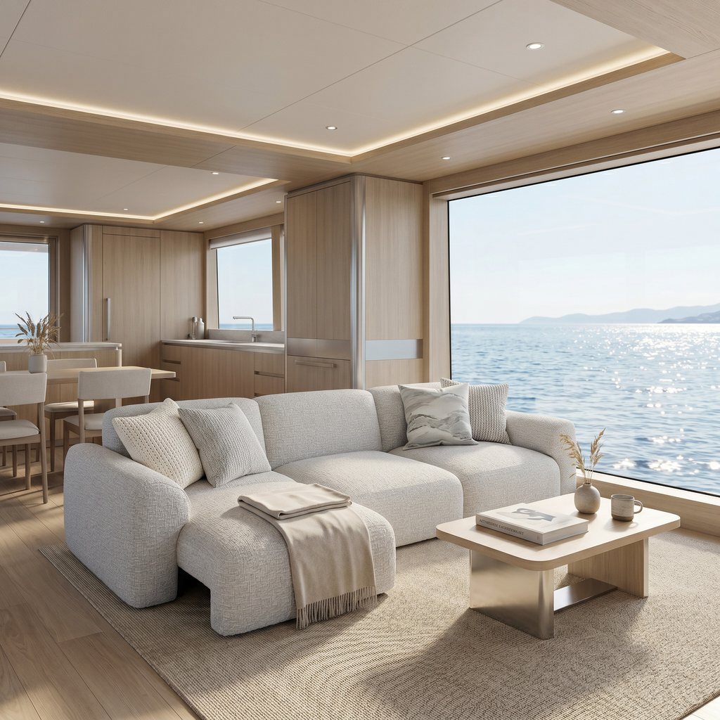 Cream power sofa bed in a modern waterfront living room with a large ocean-view window, light wood finishes, and a low coffee table.