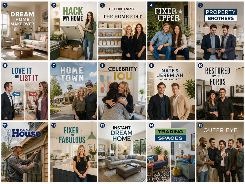 15 home makeover show inspirations, showing living rooms, storage, renovation scenes, and lifestyle refresh moments.