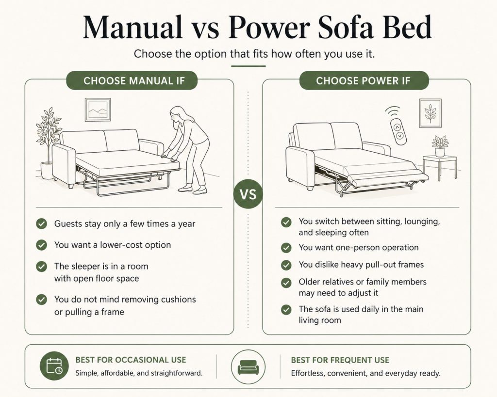 which one to choose? manual or power sofa bed? 
Choose manual if:

Guests stay only a few times a year

You want a lower-cost option

The sleeper is in a room with open floor space

You do not mind removing cushions or pulling a frame

Choose power if:

You switch between sitting, lounging, and sleeping often

You want one-person operation

You dislike heavy pull-out frames

Older relatives or family members may need to adjust it

The sofa is used daily in the main living room
