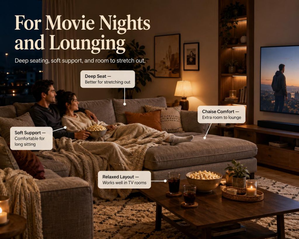 choose Chaise sofas, deep-seat sofas, reclining sofas, and power sofa beds that support more relaxed positions for movie nights and lounging