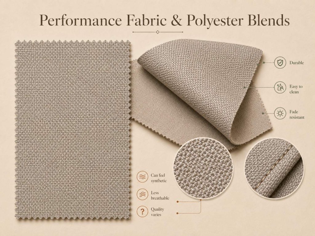 the pros of performance fabric and polyester blends are durable, easy to clean and fade resistant. while their cons are synthetic, less breathable and quality varies.