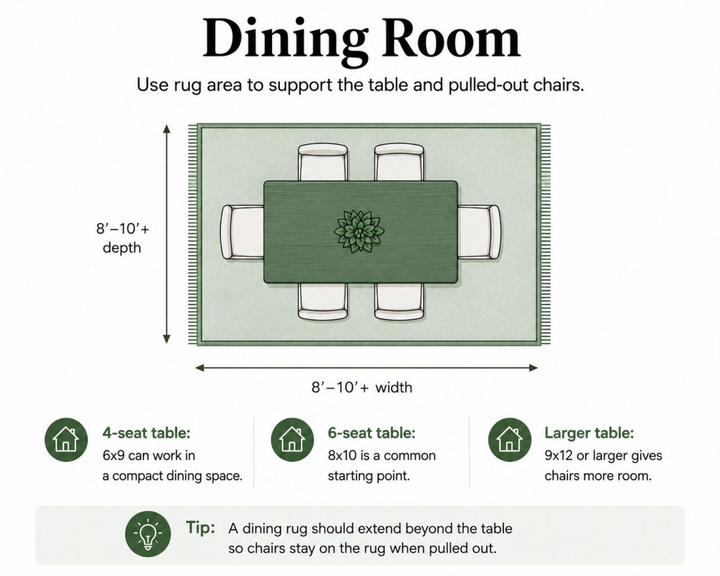 rug size to fit in a dining room: for 4-seat table, 6x9 can do the work, for 6-seat table, 8x10 is a good choice, and for larger table, 9x12 or larger gives it more room