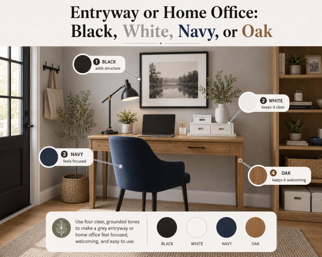 other colors that go with grey in entryway or home office: black, white, navy, or oak. use four clear, grounded tones to make a grey entryway or home office feel focused, welcoming, and easy to use
