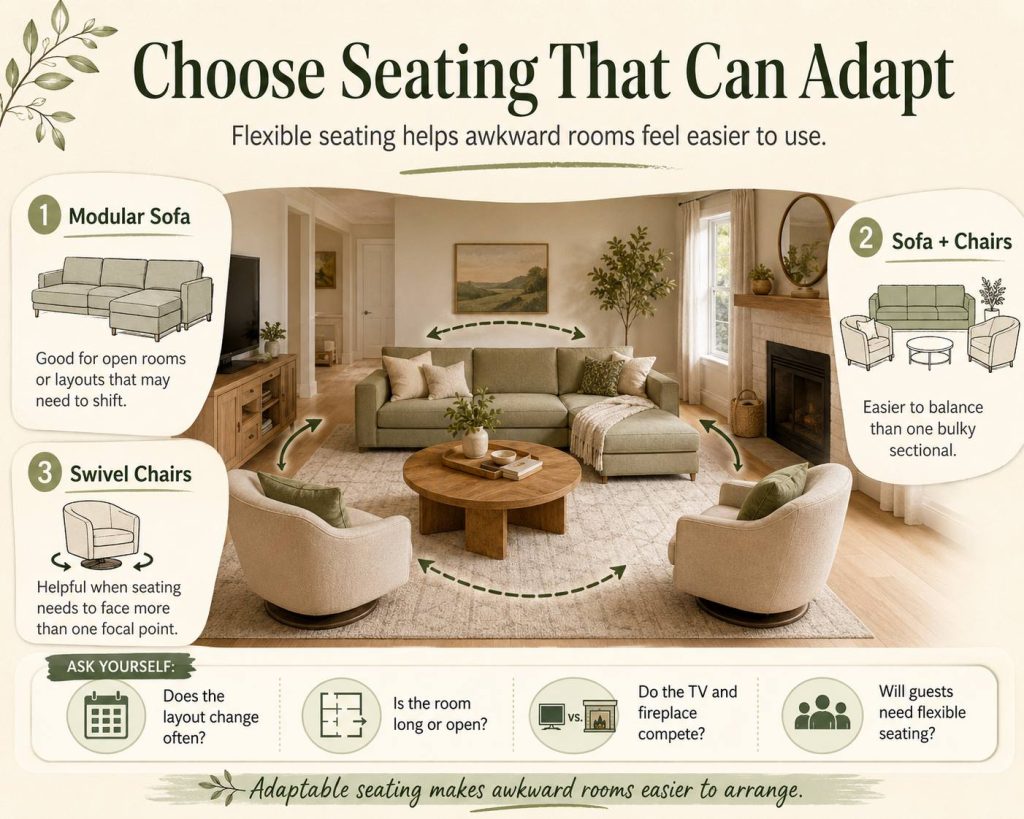 What Furniture Works Best to Improve Awkward Living Rooms?: Choose Seating That Can Adapt, flexible seating helps awkward rooms feel easier to use