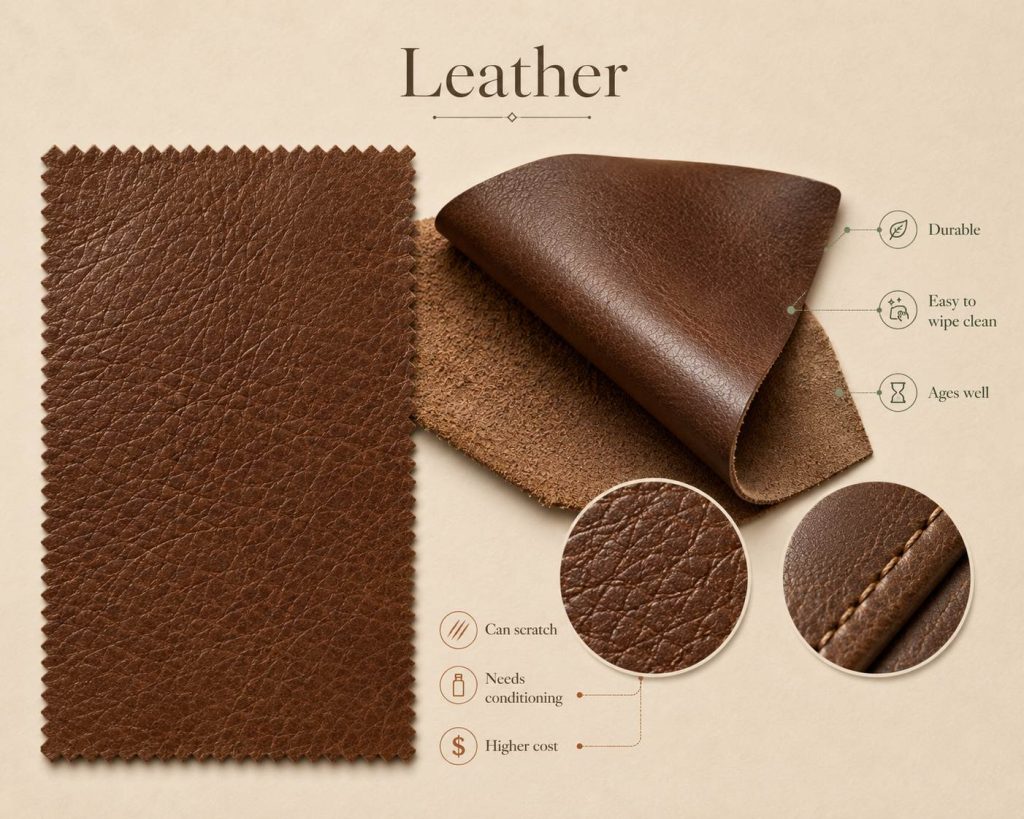 the pros of leather are durable, easy to wipe clean and ages well. while its cons are scratching, needs conditioning and higher cost