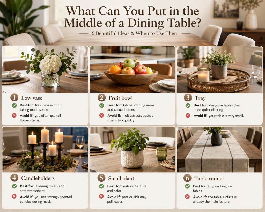 you can put these decorations in the middle of a dining table: low vase, fruit bowl, tray, candleholders, small plant, and table runner