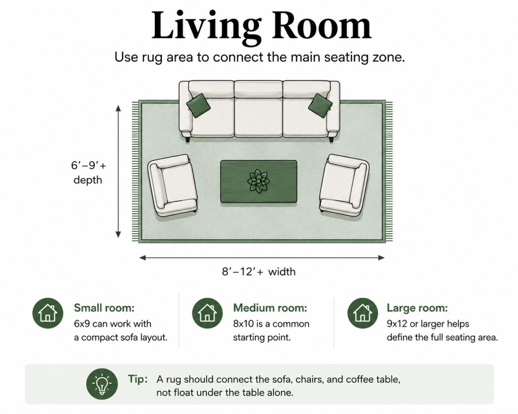rug size to fit in a living room: for small rooms, 6x9 can do the work, for medium rooms, 8x10 is a good choice, and for large rooms, 9x12 would be better