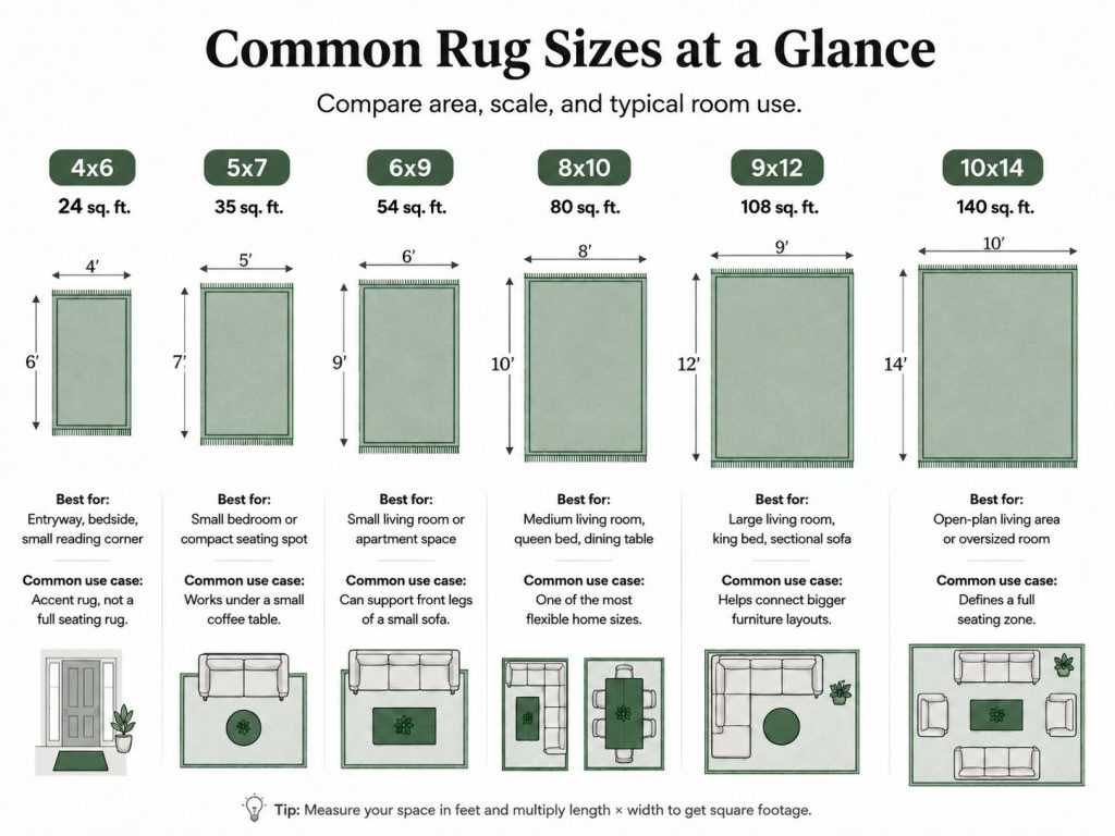 common rug size comparison at a glance, including 4x6, 5x7, 6x9, 8x10, 9x12 and 10x14, with best for and common use case each