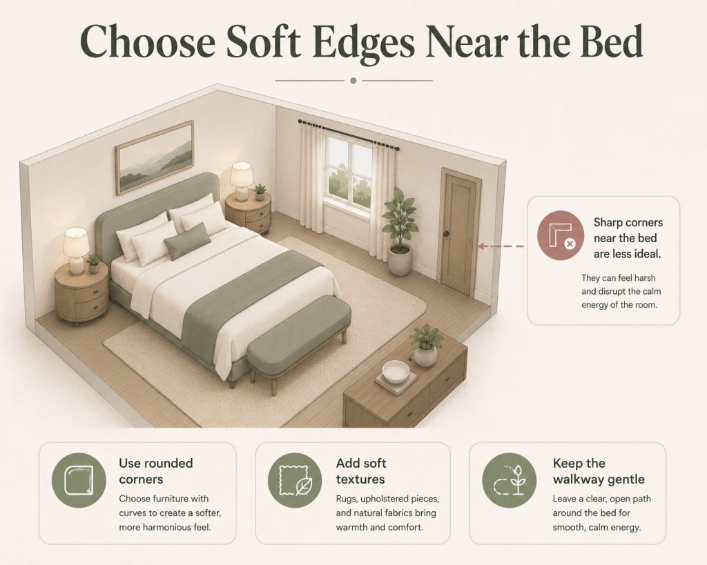 furniture that supports better bedroom feng shui: choose soft edges near the bed