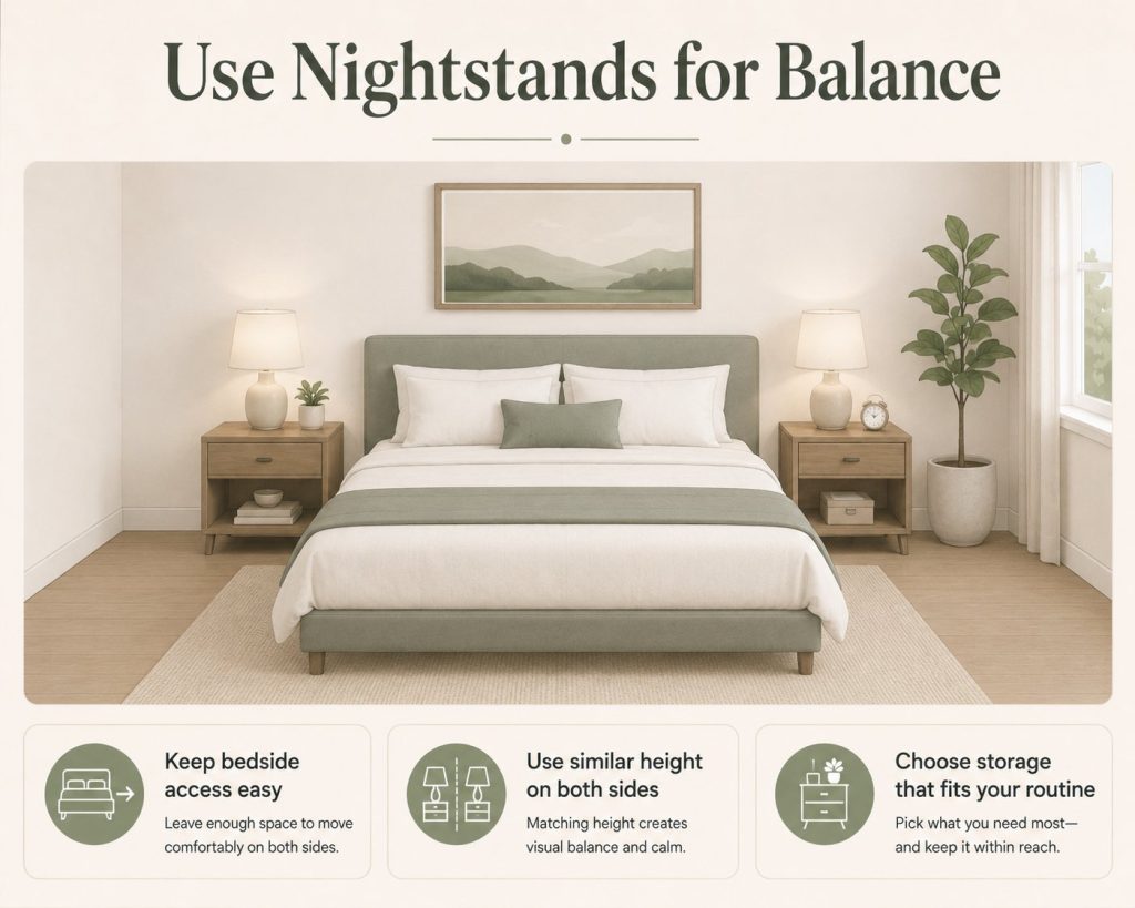 furniture that supports better bedroom feng shui: use nightstands for balance around your bed