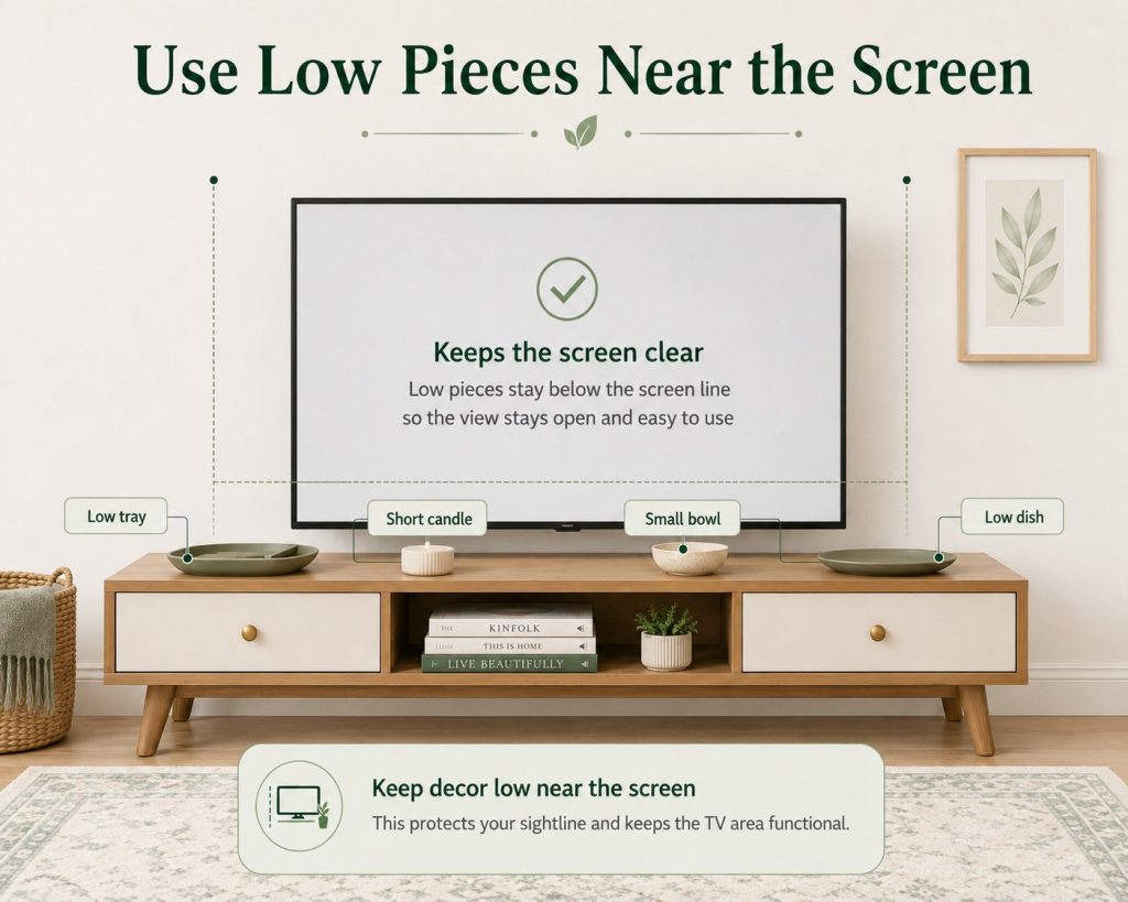 decorations you should put on a tv stand without clutter: use low pieces near the screen, such as low tray, short candle, small bowl, or low dish