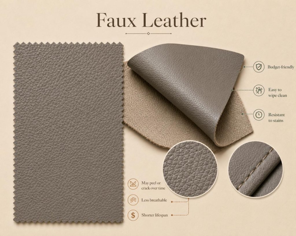 the pros of faux leather are budget-friendly, easy to wipe clean and resistant to stains. while its cons are peel or crack over time, less breathable and shorter lifespan