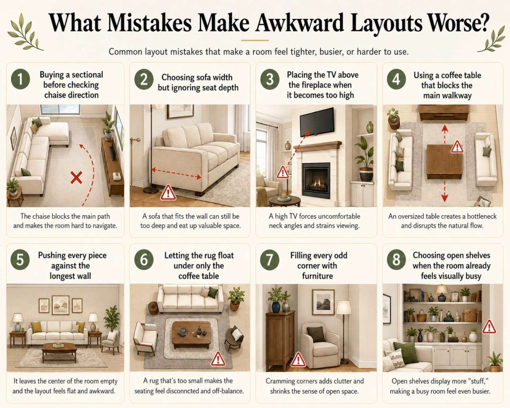 avoid these common mistakes that make awkward layouts worse, common layout mistakes that make a room feel tighter, busier, or harder to use