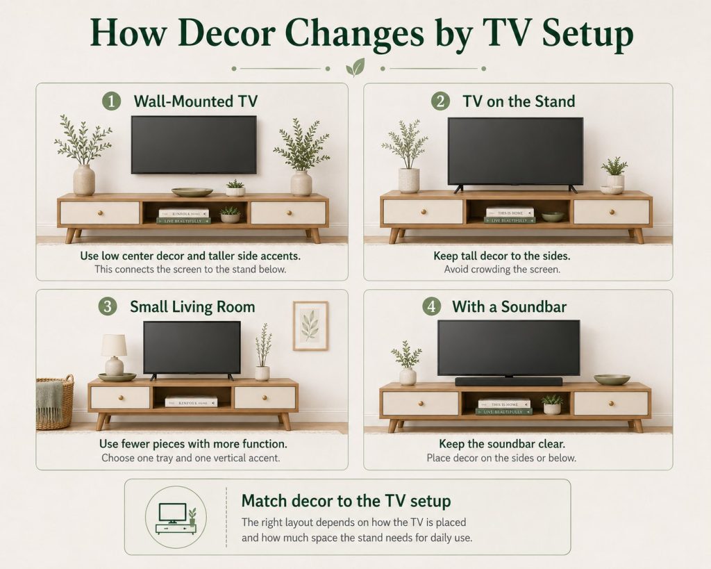 different tv setup should change decor accordingly: for wall-mounted tv, use low center decor and taller side accents; for tv on the stand, keep all decor to the sides; for small living rooms, use fewer pieces with more function; for tv with a soundbar, keep the soundbar clear