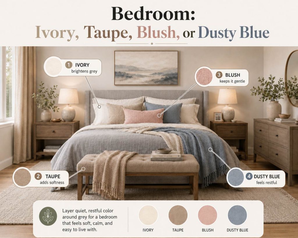 other colors that go with grey in bedroom: ivory, taupe, blush, or dusty blue that layer quiet, restful color around grey for a bedroom that feels soft, calm, and easy to live with