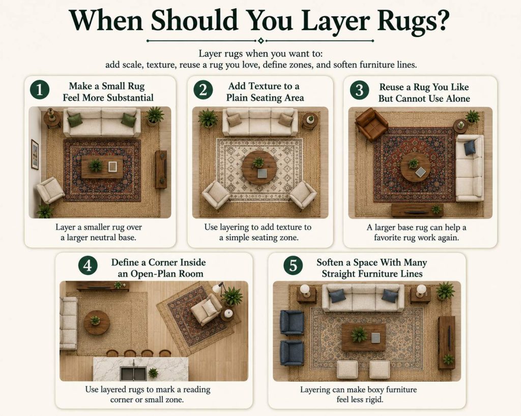 when should you layer rugs: make a small rug feel more substantial, add texture to a plain seating area, reuse a rug you like but cannot use alone, define a corner inside an open-plan room, and soften a space with many straight furniture lines