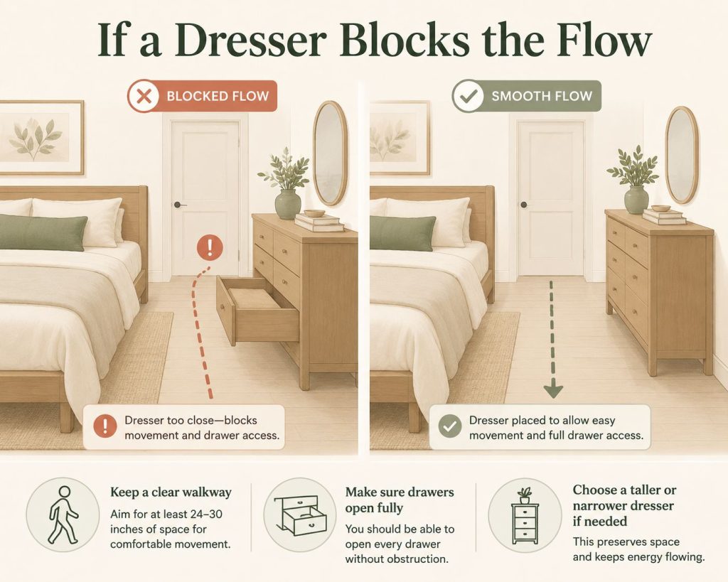 the way to fix your awkward bedroom layout in feng shui: keep a clear walkway, make sure drawers open fully and choose a taller or narrower dresser if needed if your dresser blocks the flow
