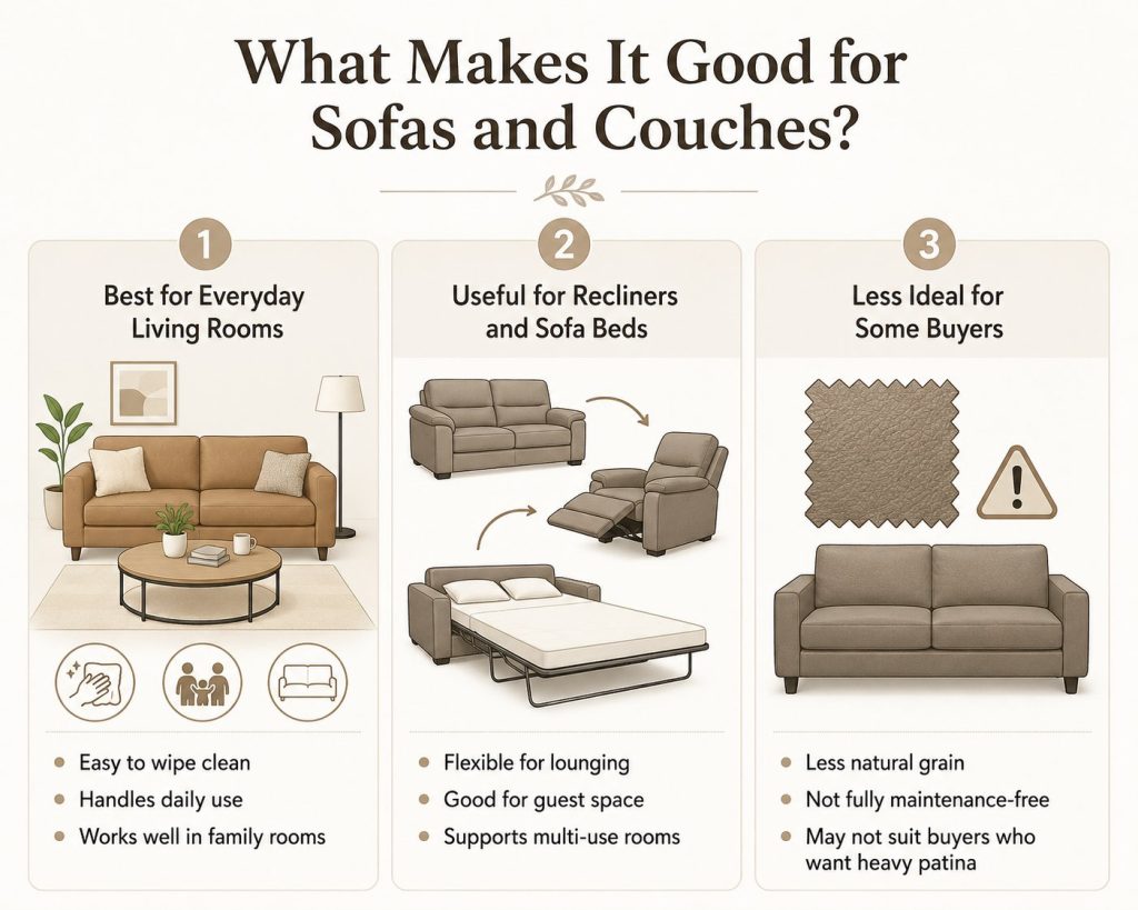 top grain leather is best for everyday living rooms and useful for recliners and sofa beds, but it is less ideal for some buyers who want less natural grain and heavy patina, while it is not fully maintenance-free