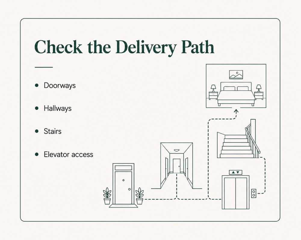 steps before choosing a king size bed: check the delivery path ● Doorways ● Hallways ● Stairs ● Elevator access