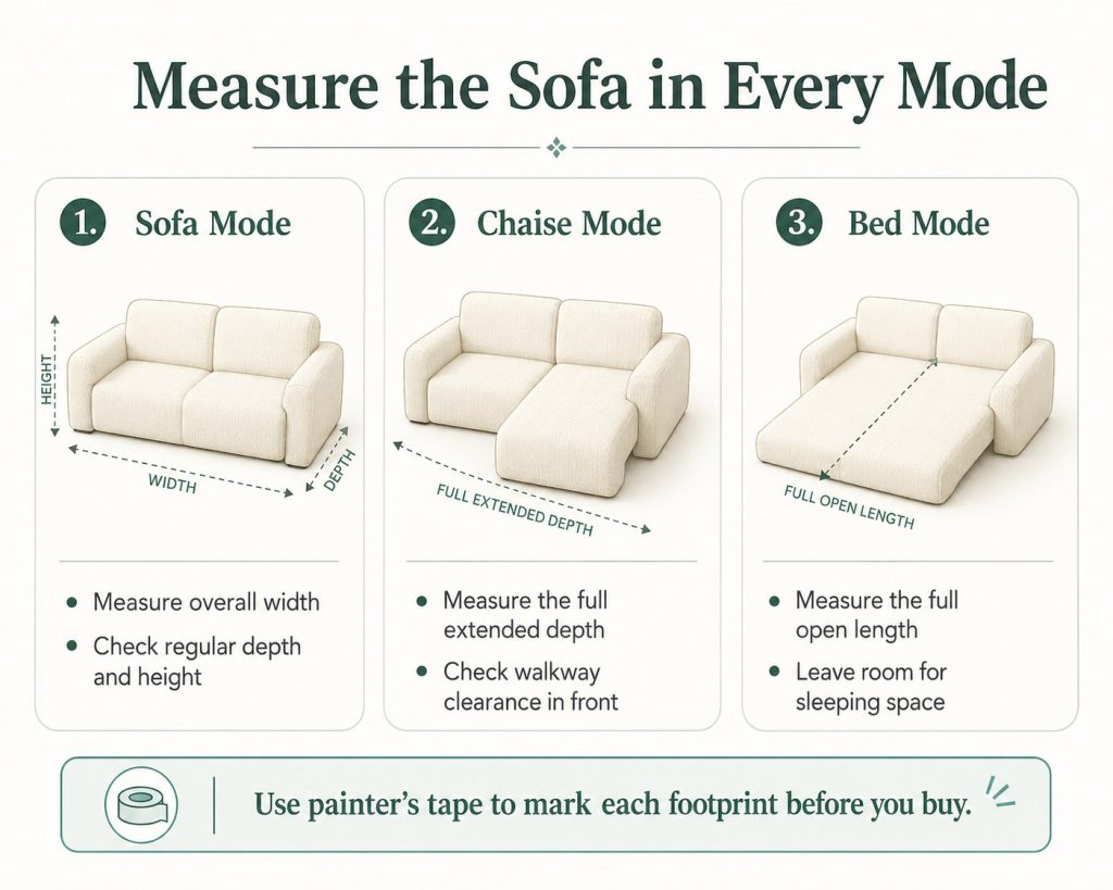 measure the sofa in every mode for enough space in your living room