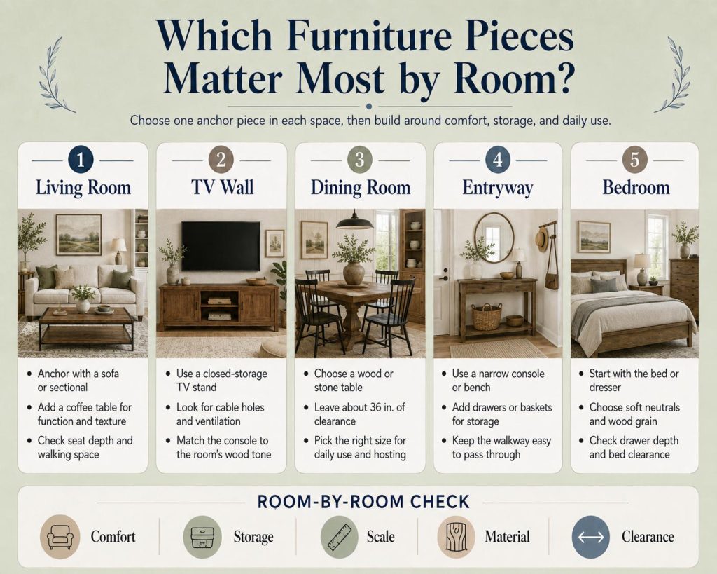 in different rooms, there are different decorations in each room for modern farmhouse furniture, such as living room, tv wall, dining room, entryway and bedroom