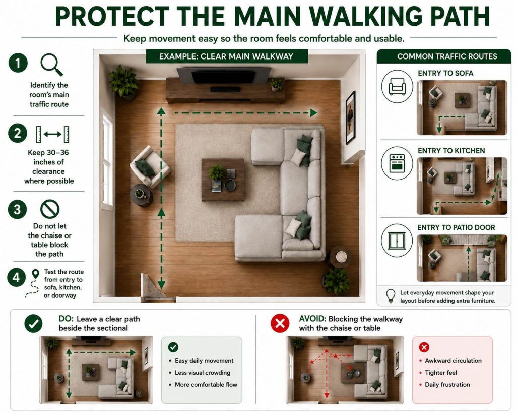 steps to Arrange a Living Room with Sectional Couch: the second step is to protect the main walking path