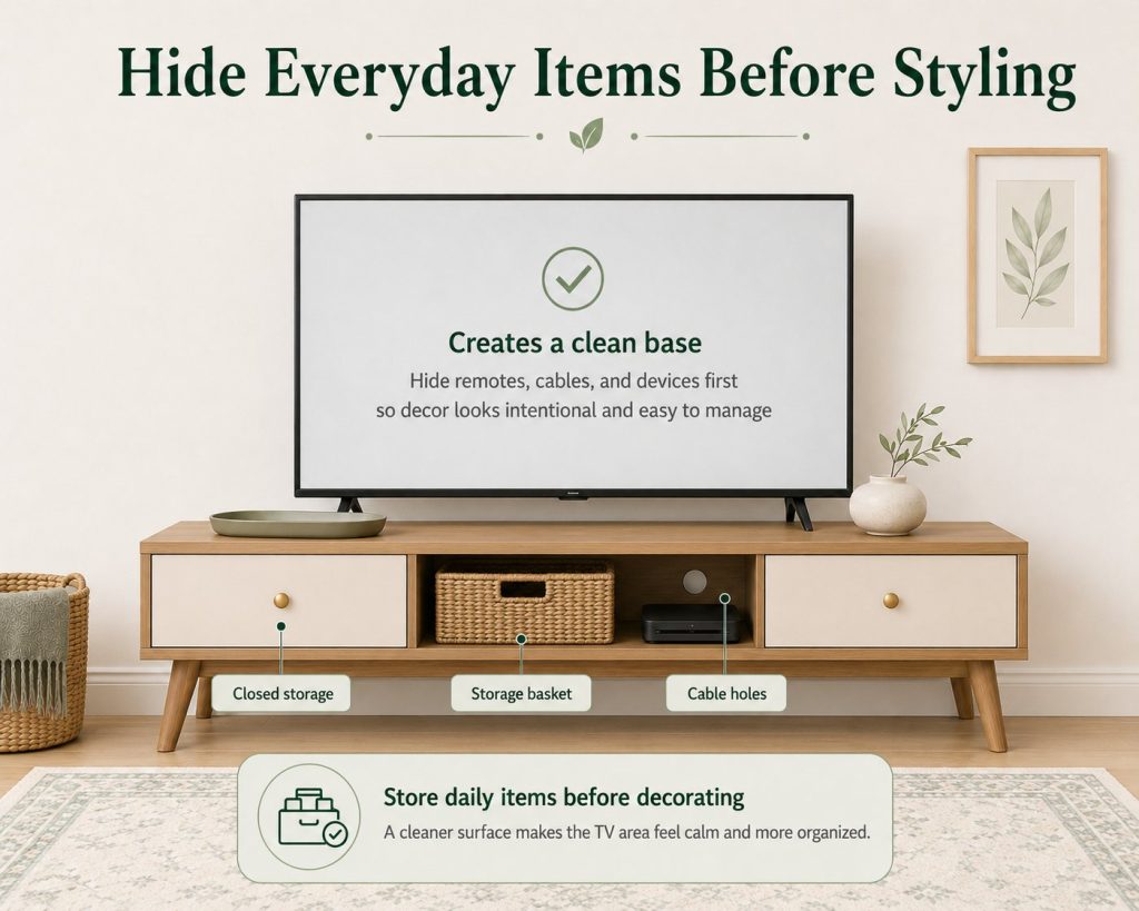 decorations you should put on a tv stand without clutter: hide everyday items before styling to create a clean base
