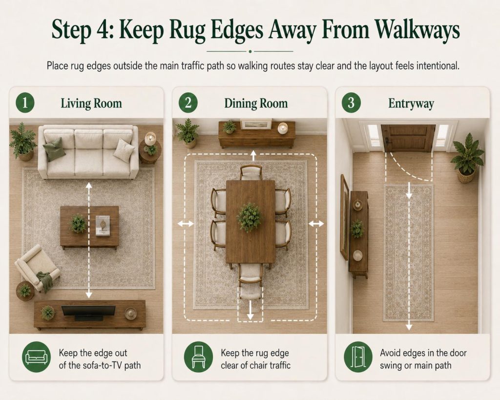 steps to lay rugs around furniture: keep rug edges away from walkways, place rug edges outside the main traffic path so walking routes stay clear and the layout feels intentional