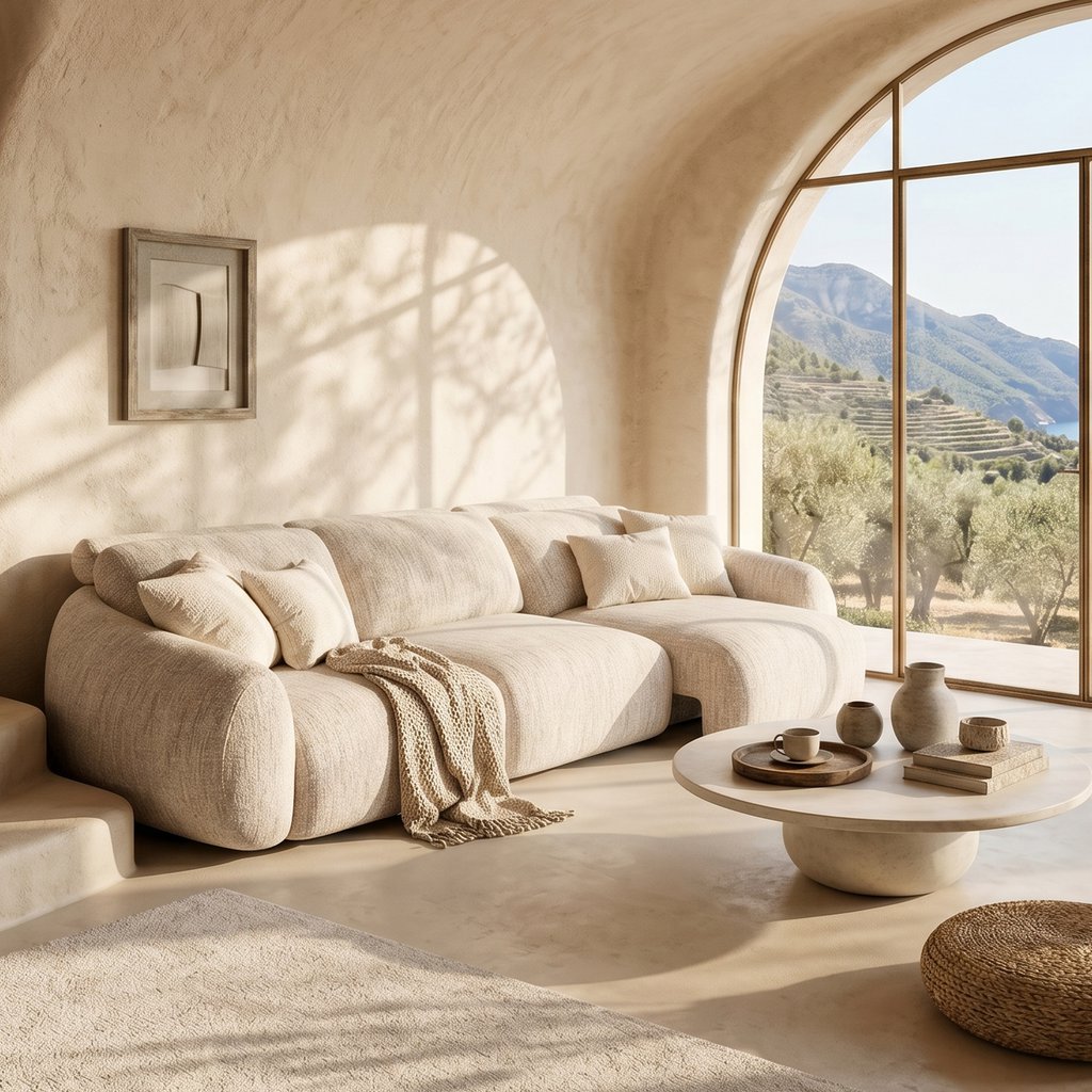 Cream chaise sectional sofa in a sunlit living room with arched windows, a round coffee table, and neutral decor.