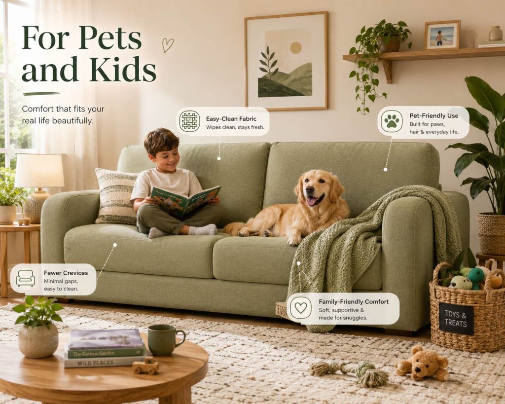 Choose a couch with durable upholstery, fewer deep crevices, and a structure that is easy to vacuum around for homes with pets and kids