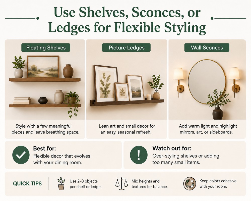 Best Dining Room Wall Decor Ideas to Try: use shelves, Sconces, or Ledges for Flexible Styling