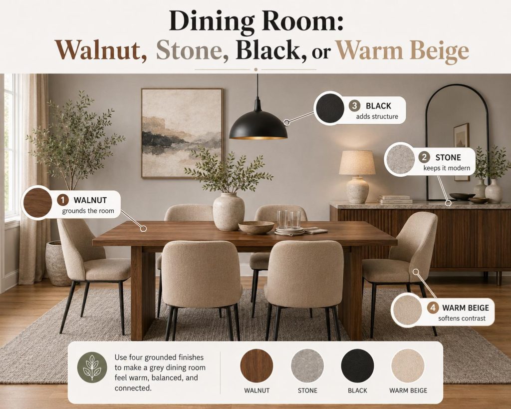 other colors that go with grey in dining room: walnut, stone, black, or warm beige, use four grounded finishes to make a grey dining room feel warm, balanced, and connected