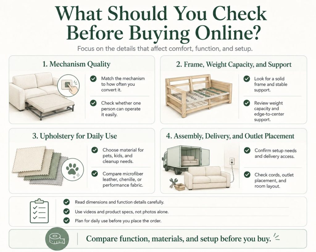 check the following details before you buy a sofa bed or a reclining sofa online: mechanism quality, frame, weight capacity, and support, upholstery for daily use, and assembly, delivery, and outlet placement