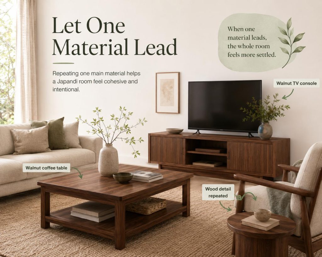let one material of furniture lead your living room style, repeating one main material helps a japandi room feel cohesive and intentional