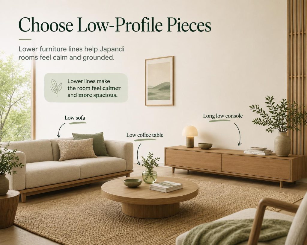 choose low-profile pieces of furniture to support japandi style in your living room