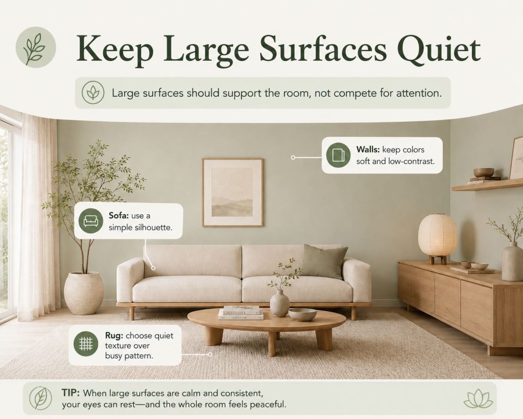 the way for your japandi living room to reduce visual noise: keep large surfaces quiet, large surfaces should support the room, not compete for attention