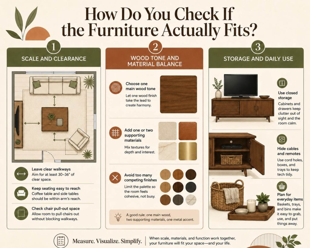 the way to check if the furniture actually fits your room:scale and clearance, wood tone and material balance, and storage and daily use