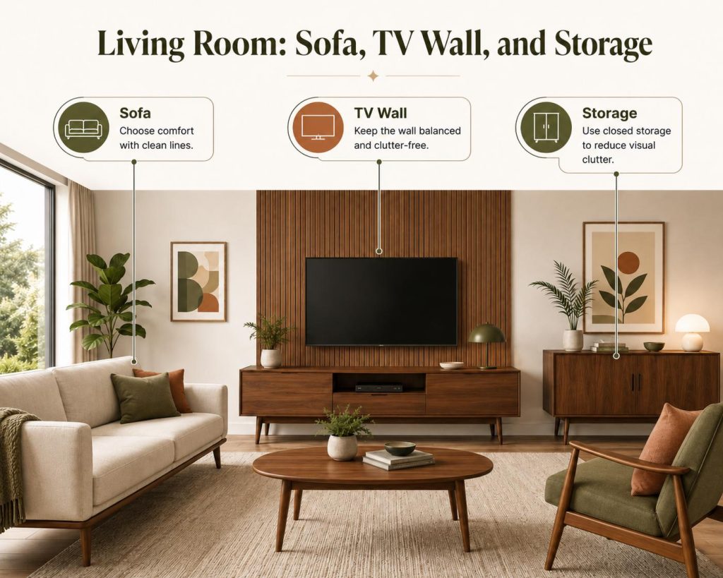 if you want to choose mid century modern furniture that fits your living room, choose sofa, tv wall and storage to better meet your standard
