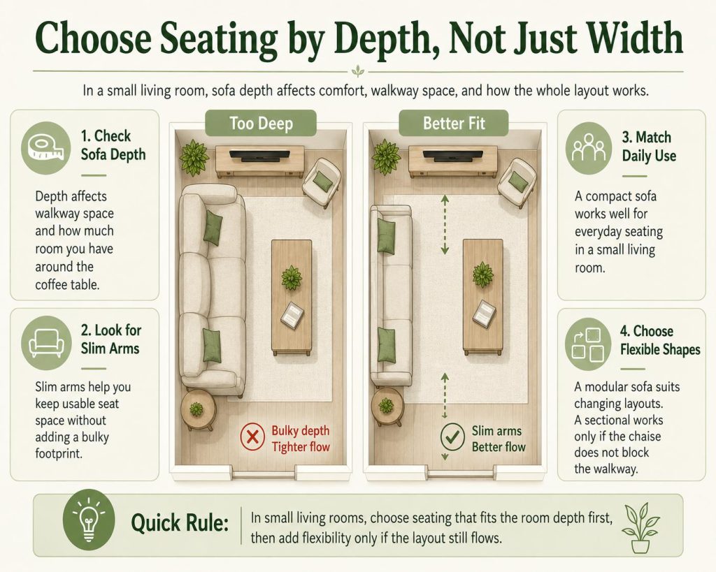if you want your furniture makes a small layout work harder, then choose seating by depth, not just width