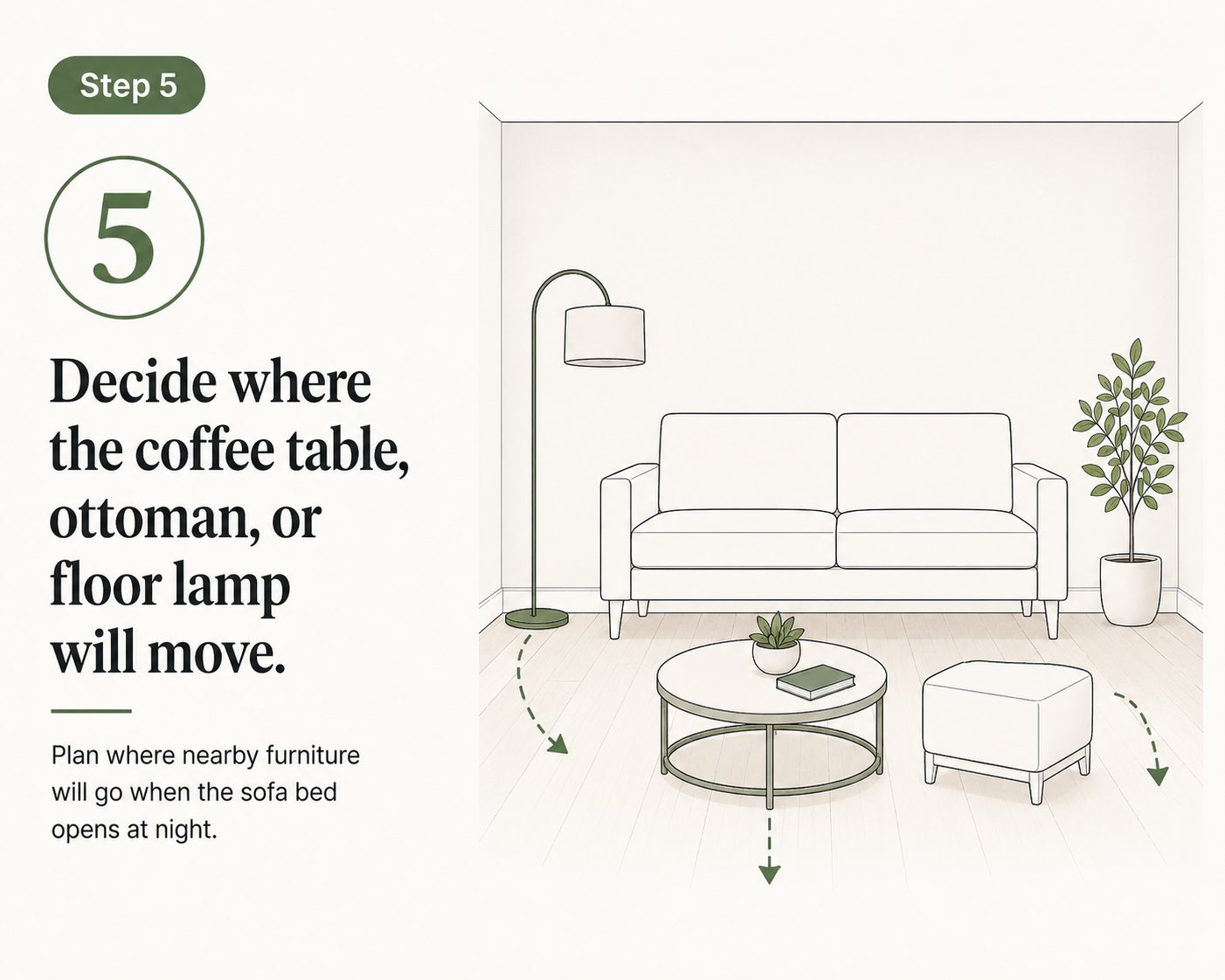 steps you should follow before buying a sofa bed: Decide where the coffee table, ottoman, or floor lamp will move.