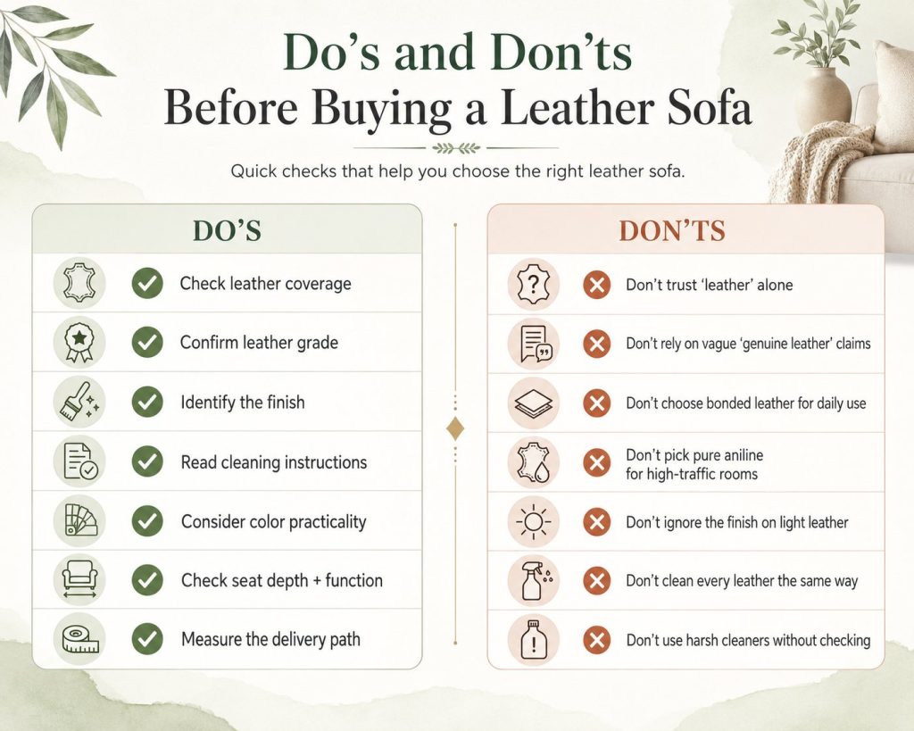 seven do's and don'ts before buying a leather sofa:check leather coverage, confirm leather grade and so on. don't trust 'leather' alone, and don't rely on vague 'genuine leather' claims, etc.