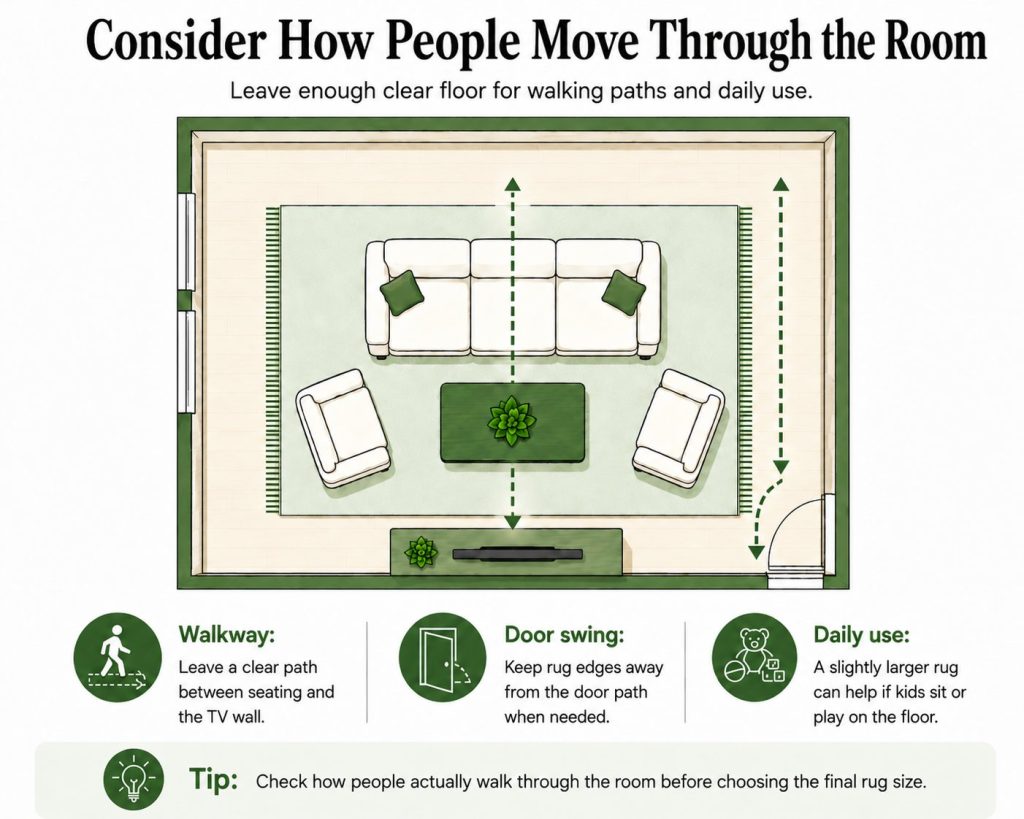 when measuring a rug size, you should consider how people move through the room and leave enough space for walking paths and daily use