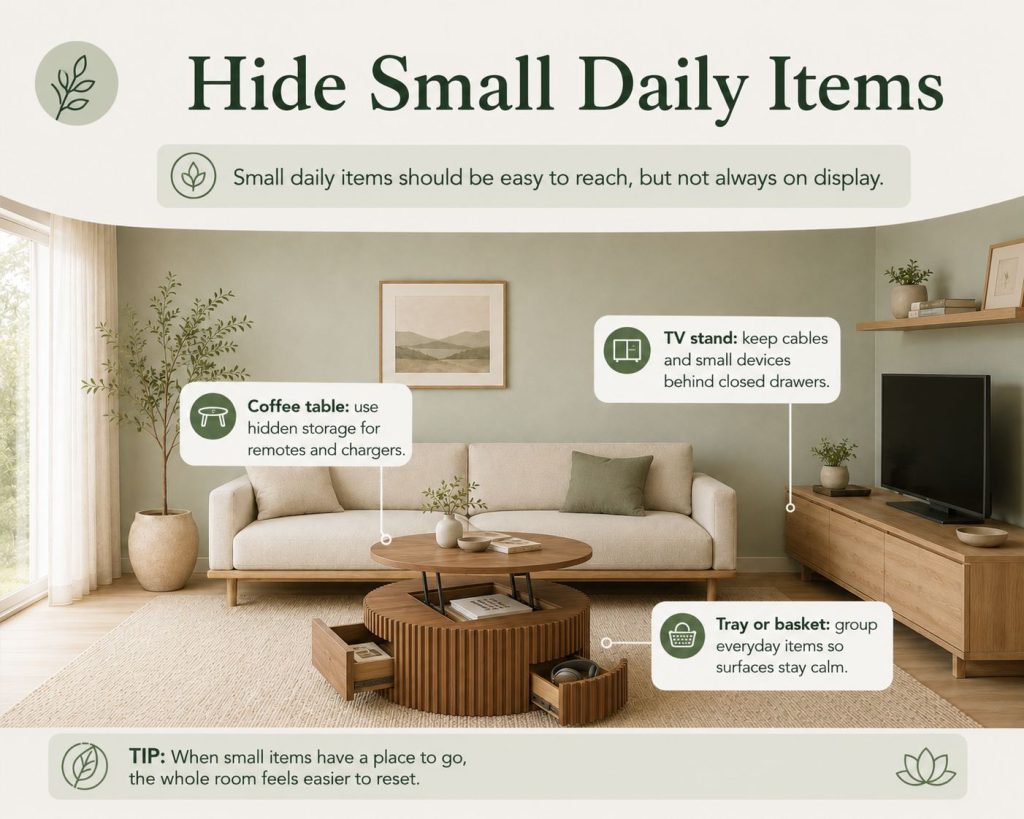 the way for your japandi living room to reduce visual noise: hide small daily items, small daily items should be easy to reach, but not always on display