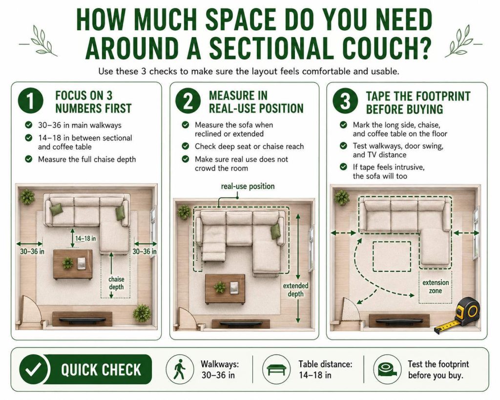 space arrangement around a sectional sofa: focus on 3 numbers first, measure in real-use position and tape the footprint before buying