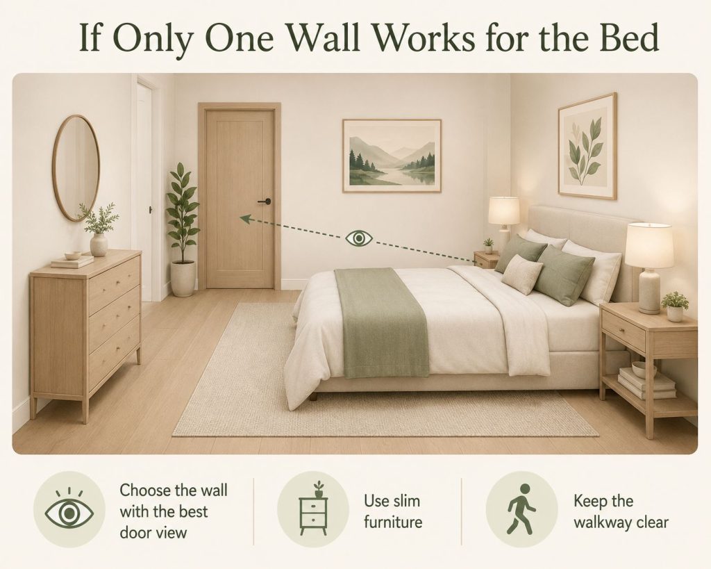 the way to fix your awkward bedroom layout in feng shui: choose the wall with the best door view, use slim furniture and keep the walkway clear if only one wall works for the bed