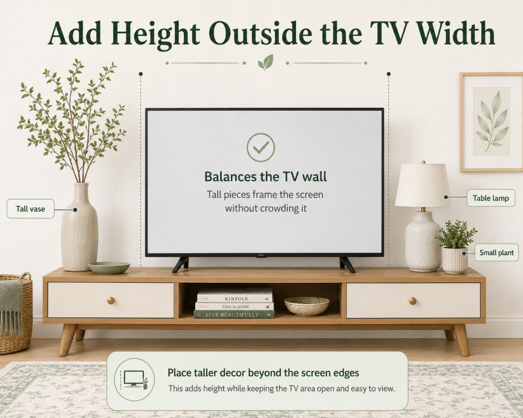 decorations you should put on a tv stand without clutter: add height outside the tv width, place taller decor like tall vase, table lamp and small plant to add height while keeping tv area open and easy to view