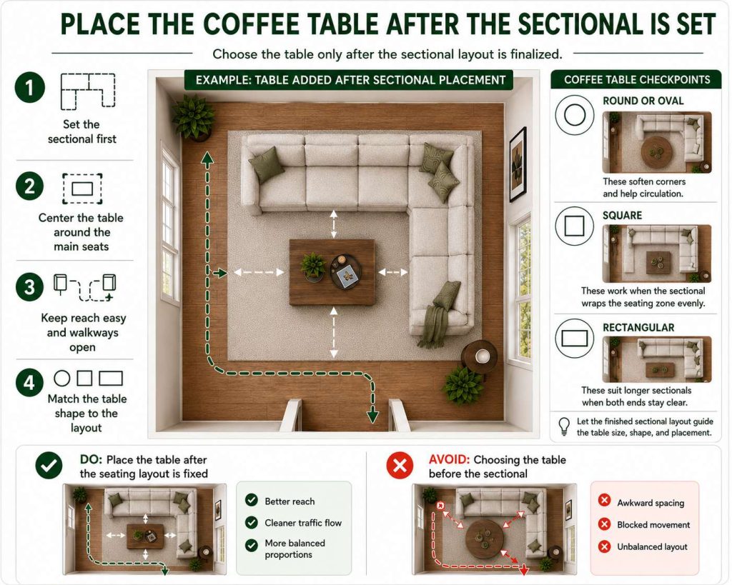 steps to Arrange a Living Room with Sectional Couch: the forth step is to place the coffee table after the sectional is est